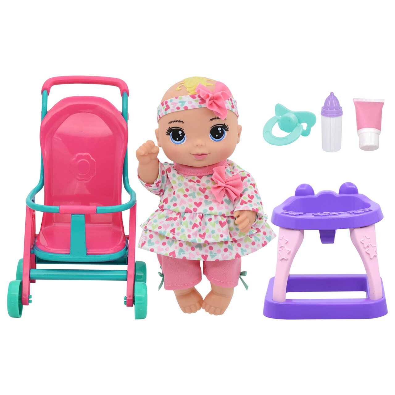 Magic Nursery: 8" Stroll N Scoot Set - Hearts, Pink, Teal, Purple - Baby Doll, Stroller, Walker, Accessories, New Adventures, Toddler & Kids Ages 2+